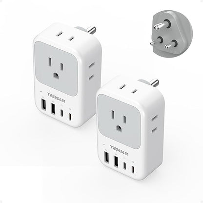 TESSAN US to India Plug Adapter 2 Pack, PD 20W Type D Travel Adapter with 4 AC Outlets 4 USB Ports (2 USB C), India Power Adaptor for USA to Bangladesh Nepal Maldives Pakistan Yemen