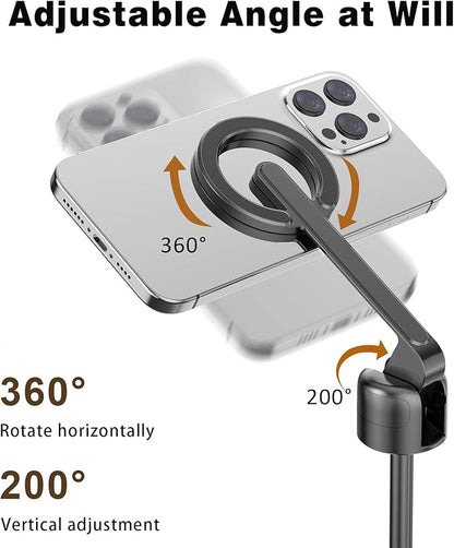 TONEOF 68" Magnetic Selfie Stick Tripod with Aluminum Strong Magnetic Holder for Magsafe, 360° Rotatable Travel Phone Tripod Stand with Metal Ring & Rechargeable Remote for iPhone/Android（Black）
