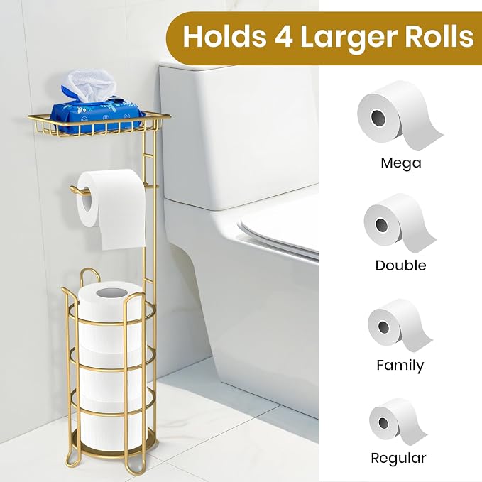 Gold Toilet Paper Holder Stand with Shelf, Freestanding Tissue Roll Holder, Holds 4 Mega Rolls and Extra Storage for Phone, Wipes