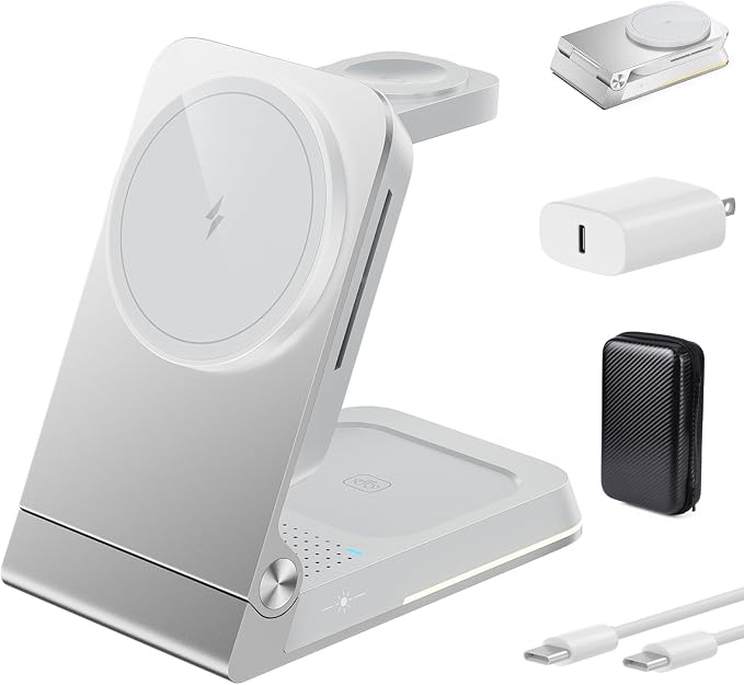 Foldable Wireless Charger 3 in 1 - Magnetic Wireless Charging Station for Apple Magsafe Charger Stand with Light,Aluminum Portable Travel Charger Dock for iPhone 17/16/15/14/13/12,Apple Watch,AirPods