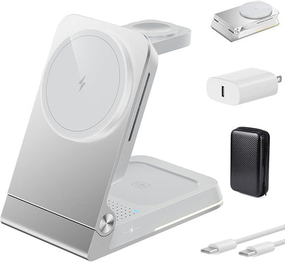Foldable Wireless Charger 3 in 1 - Magnetic Wireless Charging Station for Apple Magsafe Charger Stand with Light,Aluminum Portable Travel Charger Dock for iPhone 17/16/15/14/13/12,Apple Watch,AirPods