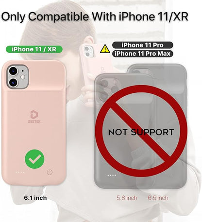 DESTEK Battery Case for iPhone 11, Real 4500mAh Ultra Slim Portable Charging Case Protective Rechargeable Charger Case Compatible w/Wire Earphones (6.1 inch/Pink)