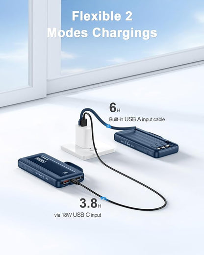 Portable Charger 10000mAh 22.5W Power Bank | Built in 4 Cables, Slim, Fast Charging, USB C LED Display, 6 Outputs & 2 Inputs, Flashlight