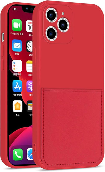 Ultra Slim Liquid Silicon Gel Case Compatible for iPhone 12 Mini 5.4 inch 2020 with Card Holder Sleeves Slot Anti-Scratch Shockproof Wallet Cover with Screen Protector (Red)