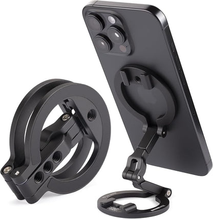 Dual Magnetic Ring Phone Mount - Foldable 360° Rotation CNC Aluminum Stand,1/4" Screw,Cold Shoe Interface, Hands-Free Holder for Live Streaming, Selfies & Multi-Device Use