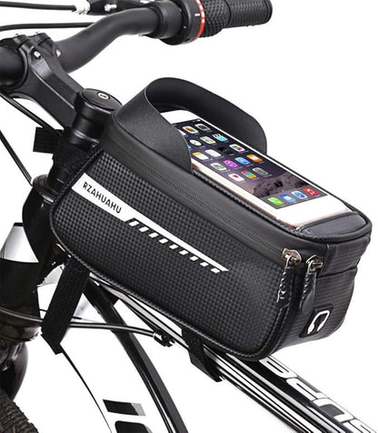 Bike/Bicycle Phone Holder Bag, Bicycle Front Frame Bag, Waterproof Tube Bag, Bike Accessories, Cycling Pouch with TPU Touch-Screen& Sun-Visor Compatible Phone Under 6.5” (Black)
