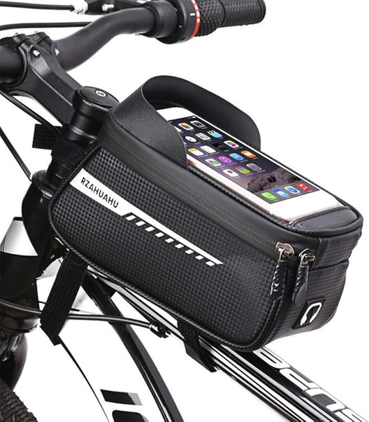 Bike/Bicycle Phone Holder Bag, Bicycle Front Frame Bag, Waterproof Tube Bag, Bike Accessories, Cycling Pouch with TPU Touch-Screen& Sun-Visor Compatible Phone Under 6.5” (Black)