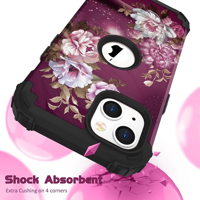 Hocase for iPhone 14 Plus Case, Heavy Duty Shockproof Protection Soft Silicone Rubber+Hard Plastic Bumpers Hybrid Protective Case for iPhone 14 Plus 6.7" 2022 - Royal Purple Flowers