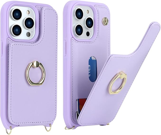 Lipvina for iPhone 14 Pro Case with Card Holder for Women,Phone Case with Strap,Crossbody Lanyard,RFID Blocking,Ring Stand,Snap Clasp,Cute Wallet Case 6.1 inch(Purple)