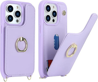 Lipvina for iPhone 14 Case with Card Holder and Strap for Women,Crossbody Lanyard,RFID Blocking,Ring Stand,Snap Clasp,Phone Wallet Cases 6.1 inch(Purple)