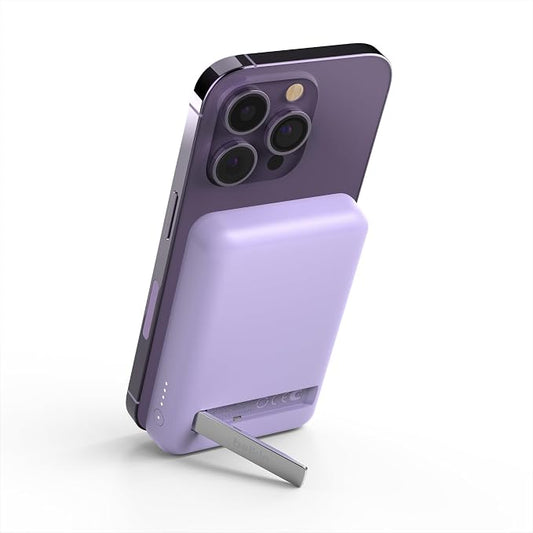 Belkin Portable Charger, Wireless Power Bank 5000 mAh MagSafe Charger 7.5W, Built-in Pop-up Kickstand - iPhone 17, Air, Pro, Pro Max, iPhone 16, AirPods, Apple Watch, Google Pixel 10, etc. - Purple
