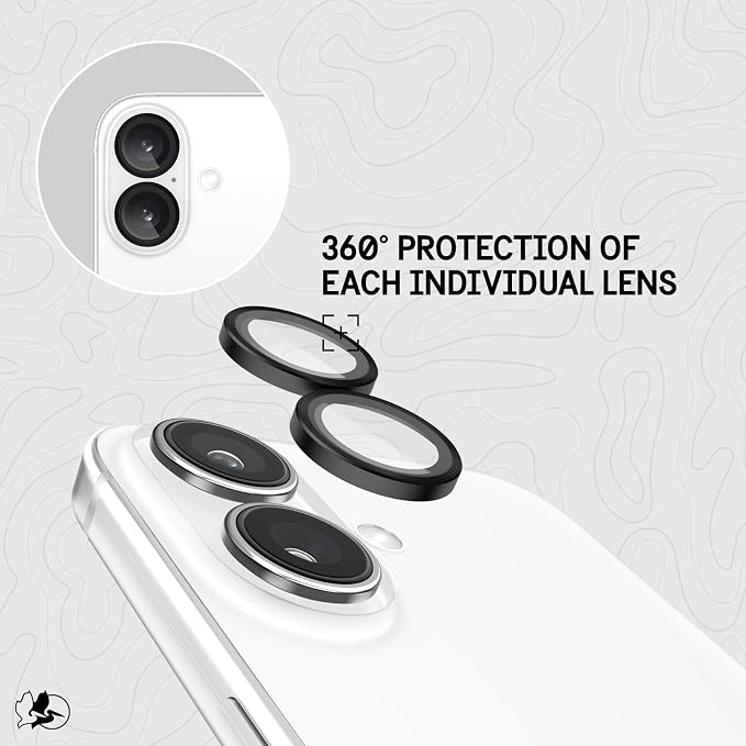 Pelican Camera Lens Protector with Aluminum Rings for iPhone 16 / iPhone 16 Plus - 9H Tempered Glass - Durable Anti-Scratch, Anti-Shatter, HD View w/Night Shoot, Case Friendly, Easy Install - Black