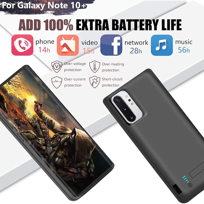 Battery Case for Samsung Galaxy Note 10+ Plus 5G, 6000mAh Rechargeable Extended Battery Charging Charger Case, Add 100% Extra Juice Black