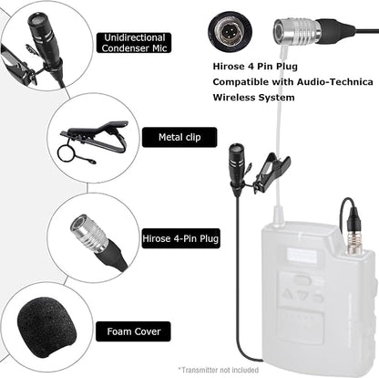 Lavalier Lapel Microphone Unidirectional Condenser Super Cardioid Mic Compatible with Audio-Technica Wireless Bodypack Transmitter System with Hirose 4 Pin Plug
