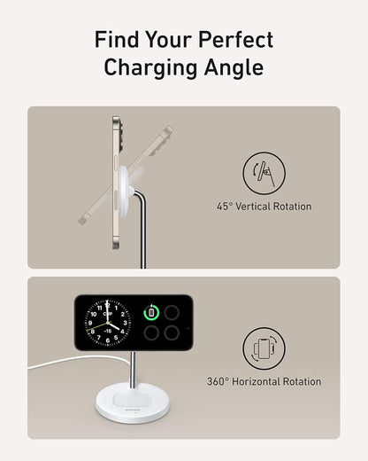 Anker MagSafe Compatible MagGo Charger Stand, iPhone 17 Wireless Charger, 2-in-1 Charging Station, Qi2 Certified 15W Fast Charging, for iPhone 17/16/15/14/13, AirPods Pro (White, with Cable)