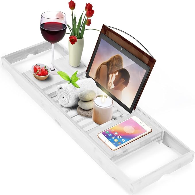 Homemaid Living Luxury Bamboo Bath Tray for Bathtub - Expandable Bathroom Caddy with Reading Rack or Tablet Holder, Premium Bath Tray with Wine Glass Holder, Fits All Bathtubs (White)