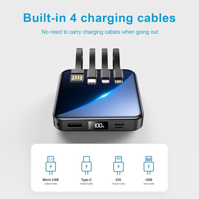ummz Portable Charger with Built-in Cable,12000mAh 22.5W Fast Charging Small Power Bank,USB C Input/Output with Smart LED Display,External Battery Pack for iPhone,Tablet,Samsung