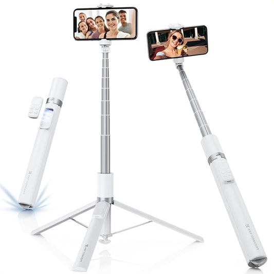 K&F CONCEPT Selfie Stick, Auto Open & Close Phone Tripod Stand, 360° Rotatable Selfie Stick with 9 Button Bluetooth Remote, Extendable Automatic Tripod for Cell Phone(White)