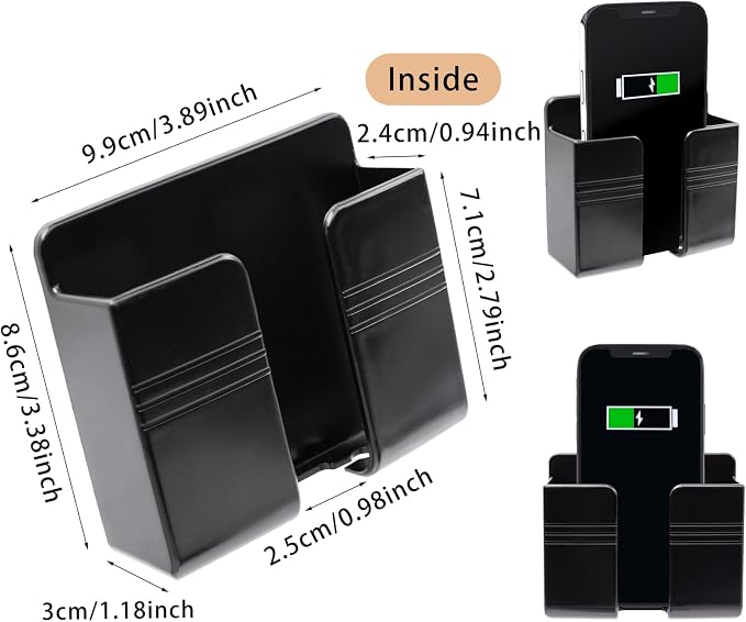 2 Pcs Wall Mount Phone Holder with 3M Adhesive Phone Stand with Data Cable Receiving Hole, Charger Remote Control Storage Box for Bedroom, Kitchen, Bathroom, Office (Black)
