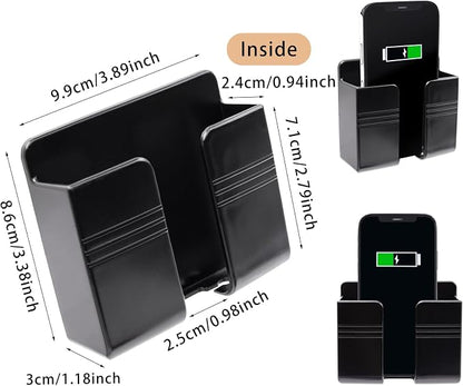 2 Pcs Wall Mount Phone Holder with 3M Adhesive Phone Stand with Data Cable Receiving Hole, Charger Remote Control Storage Box for Bedroom, Kitchen, Bathroom, Office (Black)