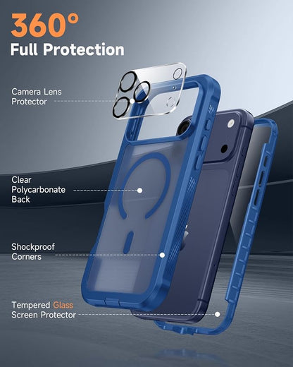 seacosmo for iPhone 17 Pro Max Case, Full Body Bumper with Built-in Tempered Glass Screen and Camera Lens Protector, Compatible with MagSafe, Shockproof 17 Pro Max Phone Case, 6.9", Blue Matte