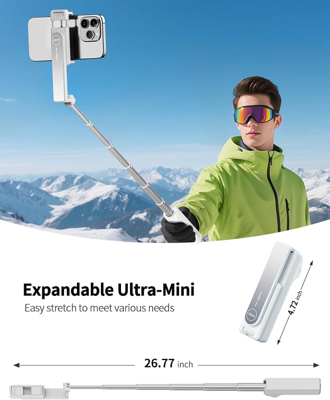 yAyusi New Ultra Mini Selfie Stick for iPhone, Extendable Aluminum Portable Selfie Stick with Remote, Compact Phone Selfie Sticks Compatible with 4-7" Phones for Vlog/Video Record/Live Stream (White)