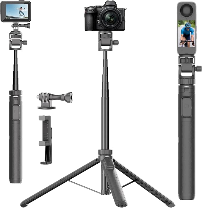 70" Selfie Stick Tripod for Gopro Action Camera, Lightweight Phone Tripod Stand with Wireless Remote & Phone Holder, Compatible with iPhone, GoPro, DJI, Insta360