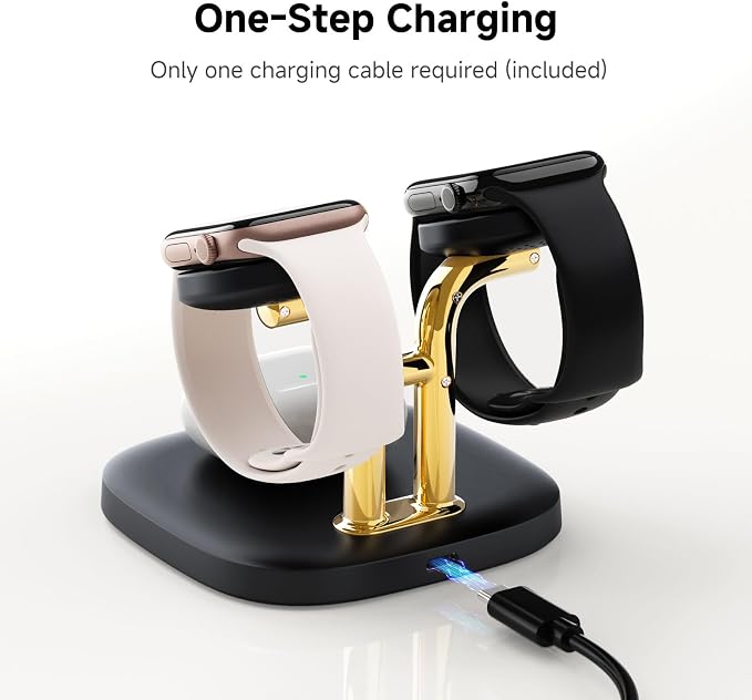 Dual Watch Charger with Fast Charging for Apple Watch, SwanScout 704A, 3-in-1 Wireless Charging Station Stand for Apple Watch Ultra 3/11/10, Wireless Charger Dock for AirPods Pro 3/4/3 (Black & Gold)