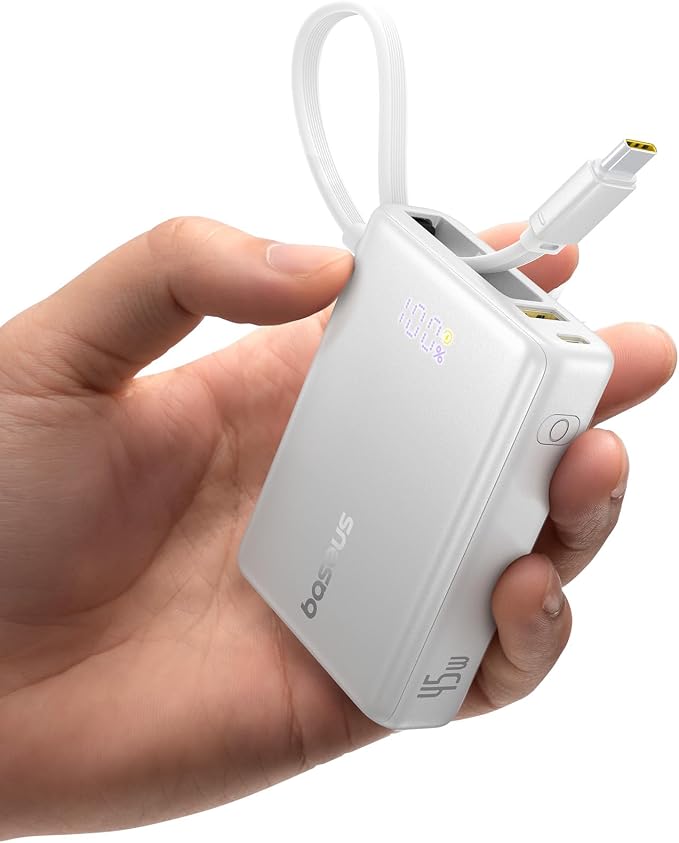 Baseus 20000mAh Compact Portable Charger 45W, CCC Certified Power Bank Built-in USB-C Cables, Travel Essential PD Fast Charging Battery Pack for iPhone 17/16 Series Galaxy S25/S24 Ultra Google iPad