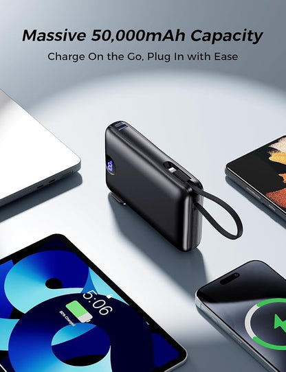 Portable Charger with Built-in Cables & Wall Plug, 50000mAh Power Bank, 4 Outputs 22.5W USB C Fast Charging, Slim Travel Battery Pack with LED Display for iPhone 17/16/15/14, Dark