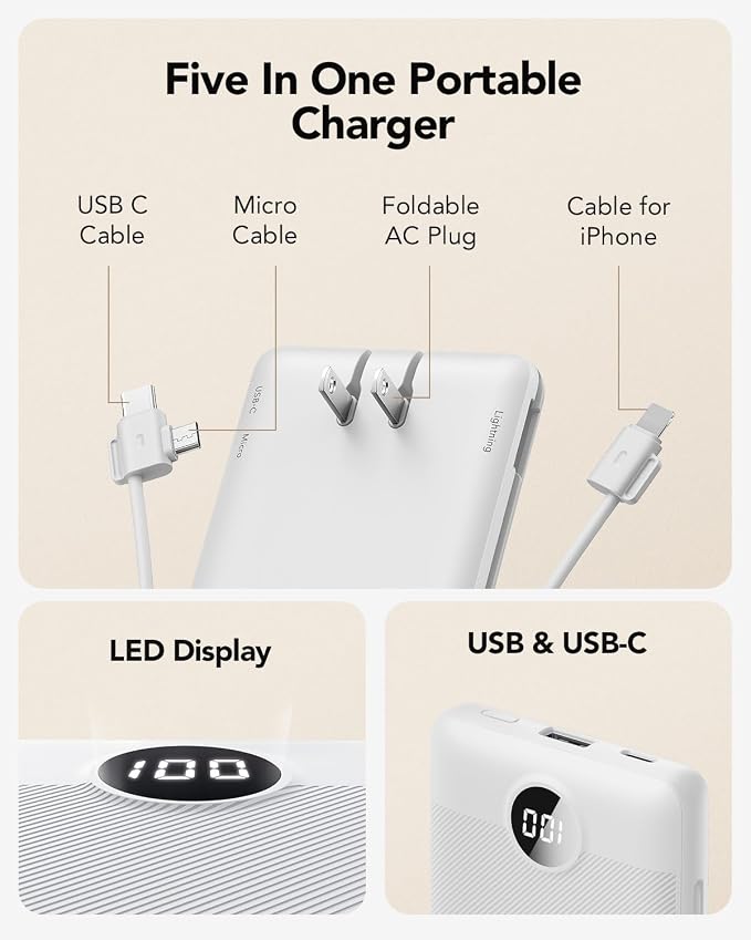 VRURC Portable Charger, Power Bank Built-in Cables and AC Wall Plug | USB C Power Bank 10000mAh Travel Essentials Phone Charger Compact External Battery Pack For Smart Phones, Tablets etc-White