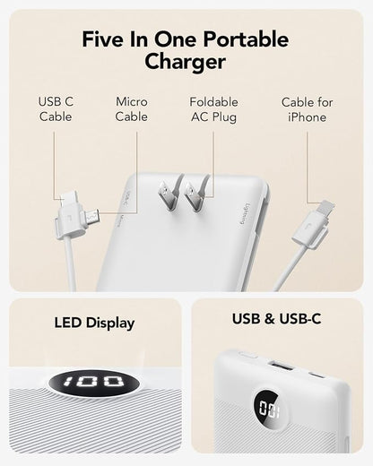 VRURC Portable Charger, Power Bank Built-in Cables and AC Wall Plug | USB C Power Bank 10000mAh Travel Essentials Phone Charger Compact External Battery Pack For Smart Phones, Tablets etc-White