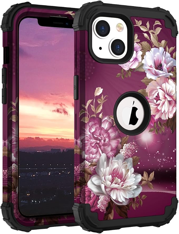 Hocase for iPhone 14 Plus Case, Heavy Duty Shockproof Protection Soft Silicone Rubber+Hard Plastic Bumpers Hybrid Protective Case for iPhone 14 Plus 6.7" 2022 - Royal Purple Flowers