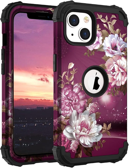 Hocase for iPhone 14 Plus Case, Heavy Duty Shockproof Protection Soft Silicone Rubber+Hard Plastic Bumpers Hybrid Protective Case for iPhone 14 Plus 6.7" 2022 - Royal Purple Flowers