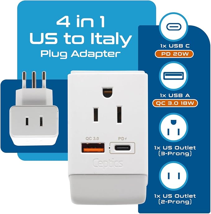 Ceptics Italy Travel Adapter, QC 3.0 & PD, Safe Dual USB & USB-C - 2 USA Socket Compact & Powerful - Use in Uruguay, Libya, Syria, Tunisia, Chile - Type L AP-12 - Fast Charging (AP-12A)