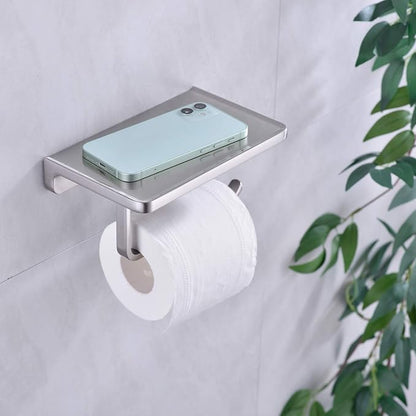 Toilet Paper Holder with Phone Shelf Solid Metal Bathroom Wall Mounted Tissue Roll Dispenser Storage, Brushed Nickel