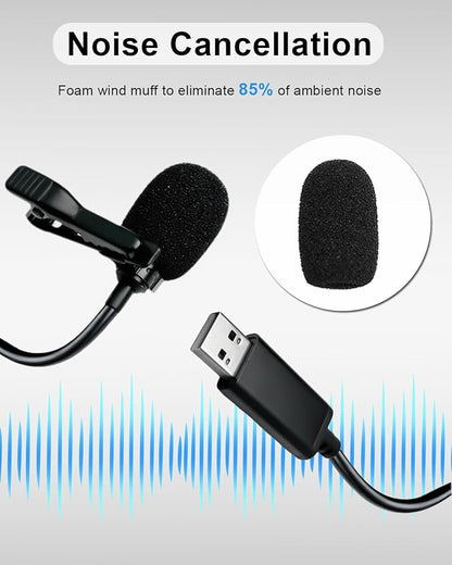 USB Type-A Microphone Lavalier Lapel Clip on Mic with 6.7ft Cable for Laptop Computer PC, Streaming Conferencing,Interview, Singing, Skype, MSN, Audio Video Recording,Clear & Natural Sound,Black