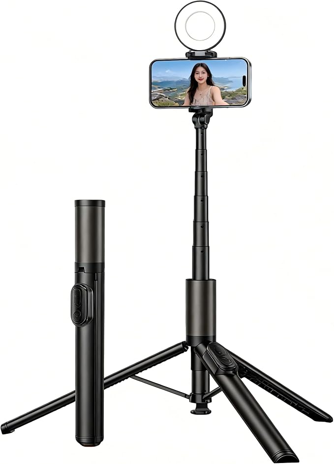 63“ Selfie Stick Tripod for iPhone/Android - Expandable Phone Tripod with Fill Light, 10M Bluetooth Remote Control, one Click Open Selfie Stick for Vlog/Travel/Live Streaming(Black)