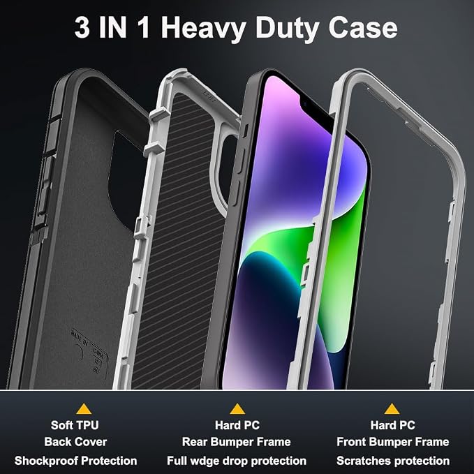 for iPhone 14 Plus Case with 2Pcs Tempered Glass Screen Protector and 1Pcs Camera Lens Protector, Military Grade 3 in 1 Heavy Duty Shockproof/Drop Proof/Dust Proof Case (Black/Grey)