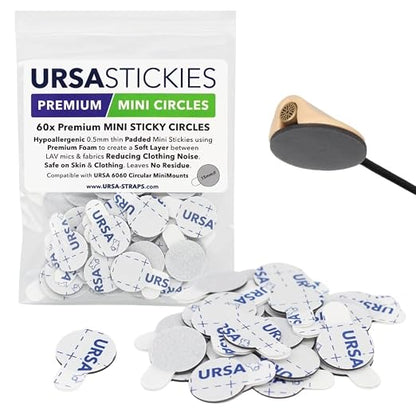 URSA Premium Mini Sticky Circles 60-Pack – 15mm Hypoallergenic Foam Adhesive Circles for Lavalier Mic Mounting, Low-Profile Stickies for URSA MiniMount & Most Lavalier Mics