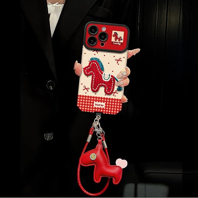 2026 Embroidered Pony Lanyard New Year Phone Case, Year of The Horse Anti-Drop Armor Leather Texture Case (Red,16PRO)