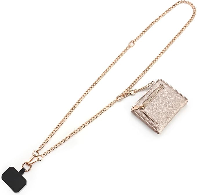 Diaclara Clip and Go Chain Phone Strap with Zipper Pouch- Stylish Crossbody Adjustable Chain Lanyard with Leather Wallet for All Phones, Gold