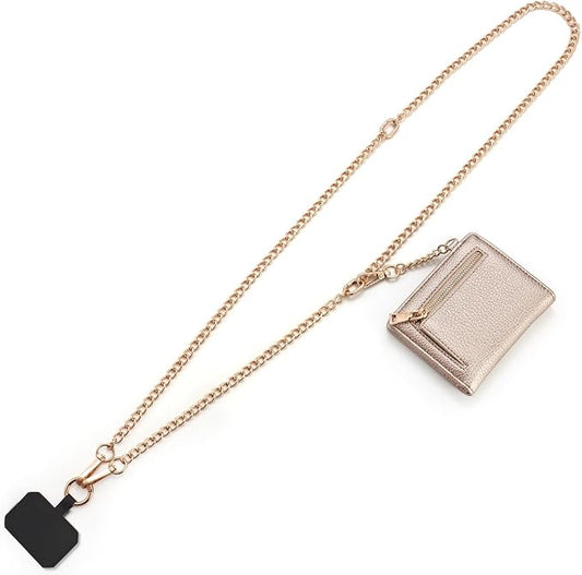 Diaclara Clip and Go Chain Phone Strap with Zipper Pouch- Stylish Crossbody Adjustable Chain Lanyard with Leather Wallet for All Phones, Gold