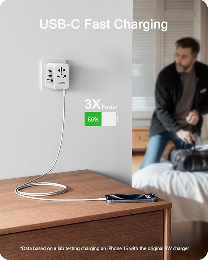 LENCENT Universal Travel Power Adapter, International AC Plug Adaptor | with 3 USB A Ports 1 Type C PD Wall Charger Worldwide Travel Essentials for US to EU UK Ireland Australia (Type C/G/A/I)White
