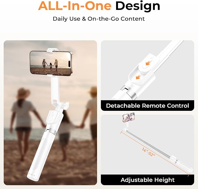 Sensyne 53" Selfie Stick for Phone, Extendable Travel Tripod with Detachable Remote for Photography, Selfies, Compatible with All Cell Phones, White