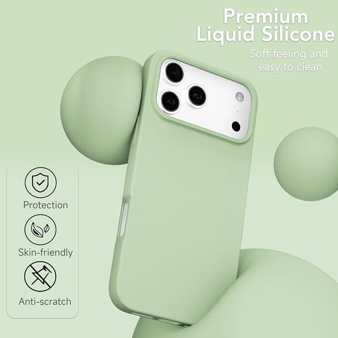for iPhone 17 Pro Case Silicone Compatible with Magsafe Case, Ultra Slim Thin Magnetic Phone Cases Mag Safe, Cute Soft Rubber Gel TPU Matte Plain Wireless Charging Cover for Women, Sage Green
