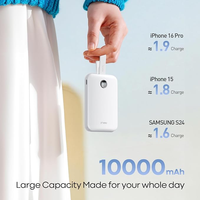 iWALK Magnetic Power Bank 10000mAh, 30W Wireless Portable Charger with Fast Charging USB-C Cable,Qi2 Certified 15W Battery Pack with LED Display for iPhone 17/16/16 Pro/15/14/13 Series, Samsung Galaxy