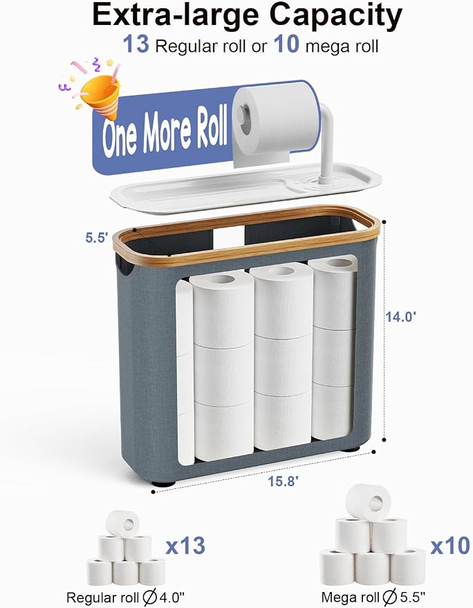 TAZENI Toilet Paper Storage Basket Holder Holds 9-12 +1 Rolls Elegant Multi-Functional Bathroom Toilet Paper Holder Stand Storage Organizer Waterproof with Tray Hold Phone Wet Wipes Gray