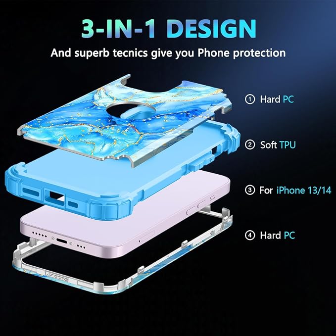 Casetego for iPhone 13 Case,iPhone 14 Case,Three Layer Heavy Duty Sturdy Shockproof Protection Full Rugged Hard PC+Soft TPU Bumper Protective Girls Case for Apple iPhone 13/14 6.1 inch,Sky Blue