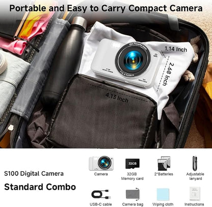 Digital Camera, 4K WiFi 75MP Dual Camera Point and Shoot Camera with Touchscreen and 16X Zoom, Autofocus Vlogging Cameras for YouTube and Travel, with 32GB Card for Kids, Teens, Beginners (White)